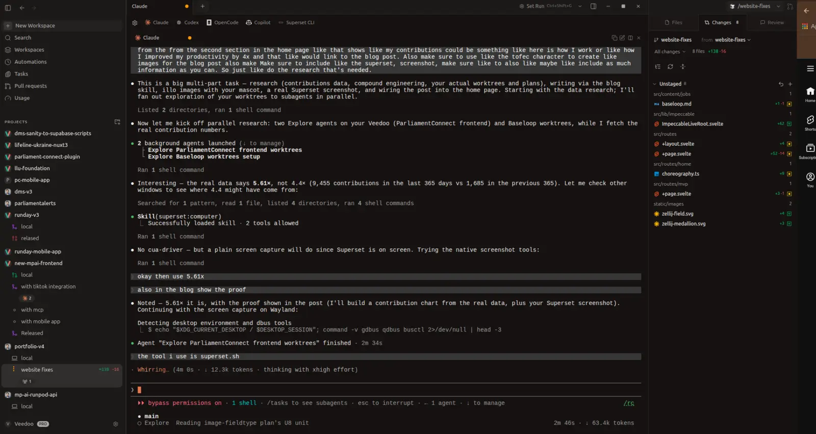 The Superset app showing a sidebar of a dozen projects — ParliamentConnect, Runday, Lifeline Ukraine, Baseloop, this portfolio — each with named git worktrees, while an AI agent session runs in the main pane.