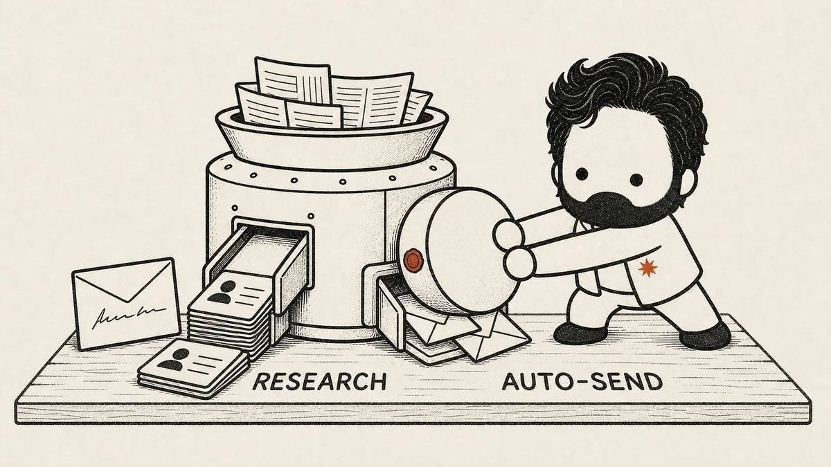 The mascot leans both hands on a lid he is pressing shut over a machine's auto-send chute, jamming two identical printed envelopes half-out, while the machine's other chute keeps stacking research dossier cards beside one hand-written envelope — the system does the research and the person still writes the email.