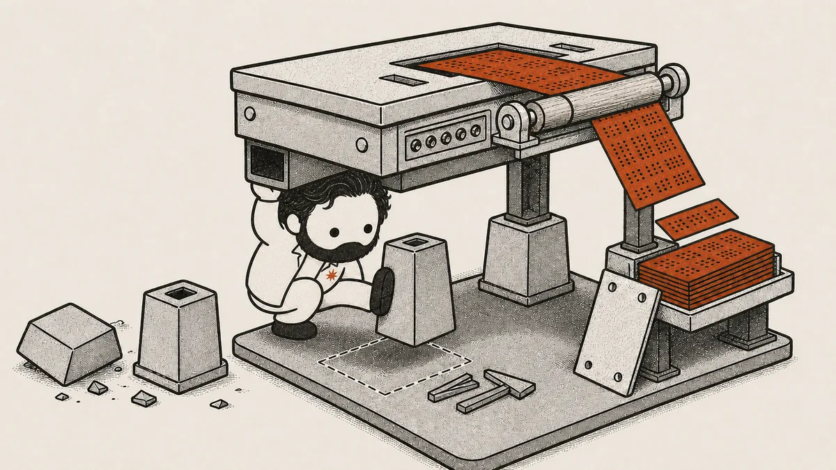 The mascot is wedged beneath a running machine, taking the weight of a corner whose support has been removed while his foot pushes a fresh pier up into the empty seat.