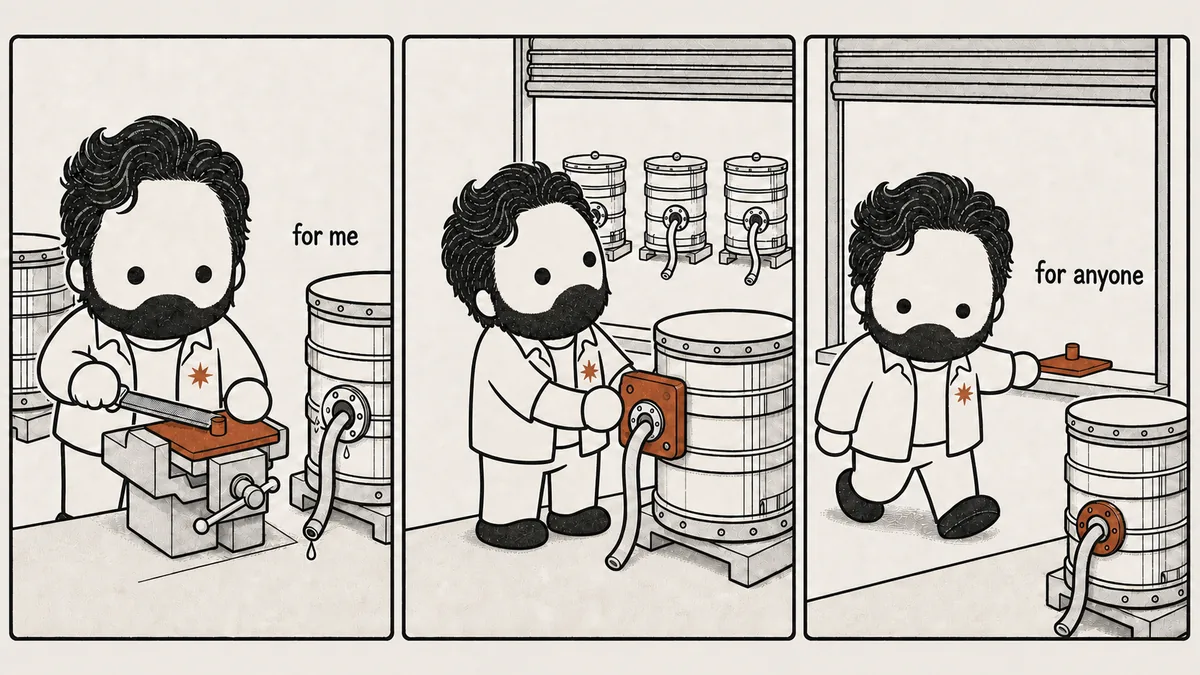 Three-panel riso comic. Panel one, marked for me: the mascot files a flat plate at his bench beside his own leaking tank. Panel two: the shutter is up and he bolts that plate over the leak while three identical tanks with the identical fault stand behind him. Panel three, marked for anyone: he leaves a second copy of the plate on the ledge and walks off, one more tank already sealed with it — building it for himself first, publishing it once he sees the problem was never only his.