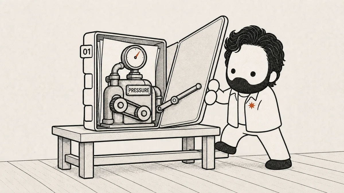 The mascot leans a hand-nub on the hinged cover of an oversized tabbed field folder; a linkage inside has raised a small pipe-and-gauge machine out of the file.