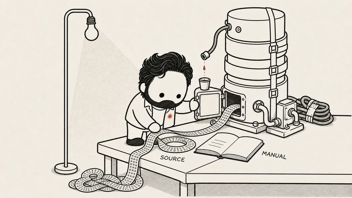 Riso illustration: under one bare bulb the mascot pins down a long tape of dense code spilling from a machine's open belly hatch, while the machine's manual lies open and blank on the bench beside him — when the documentation ends, the source code is the only truth left to read.