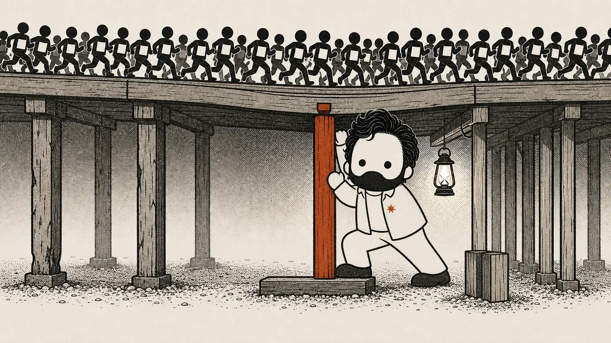 Under a timber deck sagging beneath a packed stream of runners, the mascot braces his whole body into a fresh post and drives it up into the lowest point of the deck.