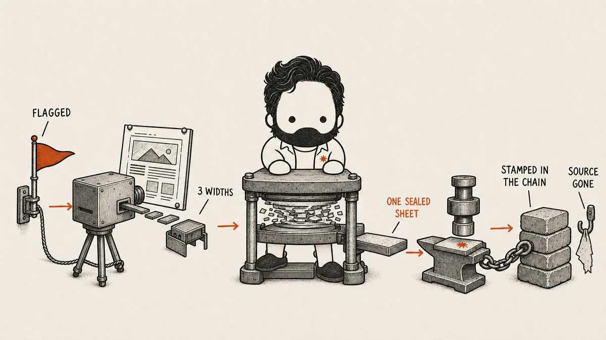 A hand-drawn four-station diagram: a red pennant trips a cord to a plate camera shooting a pinned page at three widths, then the mascot drives an archive press that squeezes the page and its assets into one sealed sheet, which is punched with a timestamp and chained to a stack of stone blocks while the original page is gone from its hook — the evidence pipeline that preserves a disinformation page before its source can delete it.