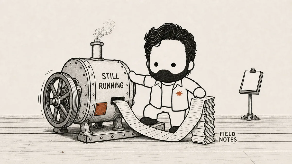 The mascot keeps one hand pressed against a still-turning, steaming machine while a ribbon of ruled note cards feeds out of its side slot and folds into a stack he pats flat — these notes come out of systems that are still running, not from the blank writing stand standing empty behind him.
