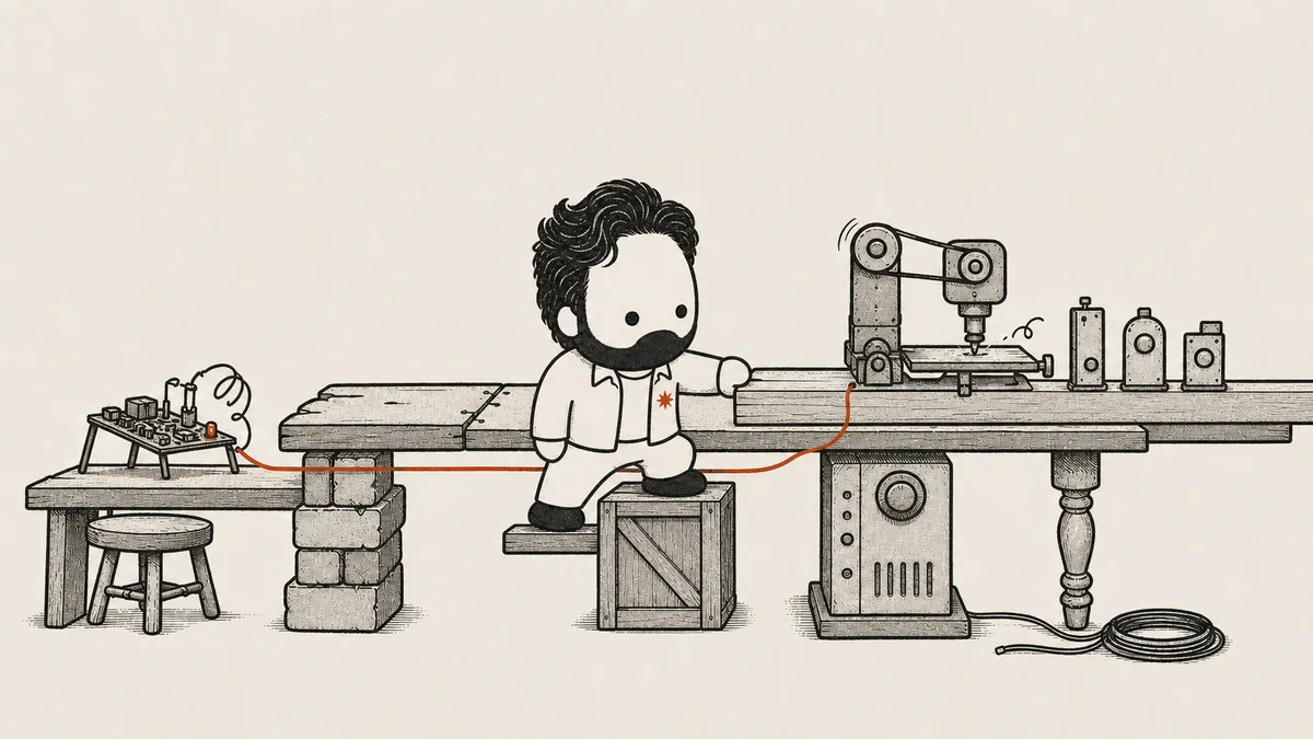 The mascot stands on a plank propped on a crate beside the long scrap-built workbench he is extending — a bench held up by stacked bricks and a machine cabinet.