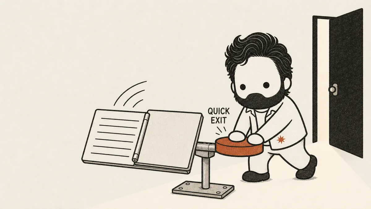 The mascot slams both hands onto a large red plate beside a reading stand, and a blank shutter swings across the board and wipes the chat lines from view as a door opens at the edge of the frame — the quick-exit button that lets someone in an unsafe home hide the page instantly.
