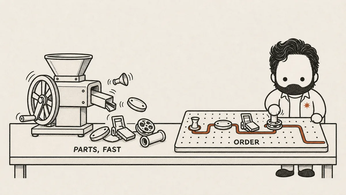 A crank machine with no operator rapidly spits a heap of finished miniature pipeline parts onto a bench while the mascot presses them one at a time into a routed track in a deliberate order — the post's claim that AI can produce every piece but the architecture stays human.