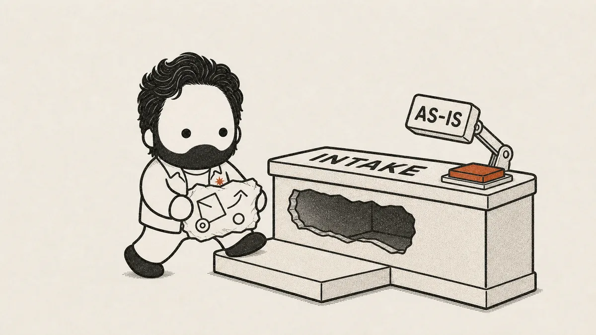The mascot carries a crumpled, badly-sketched idea lump up to an intake counter whose slot is far wider and rougher than the lump itself, with an as-is stamp waiting beside it — the unpolished first version is already enough to bring to a scoping call.