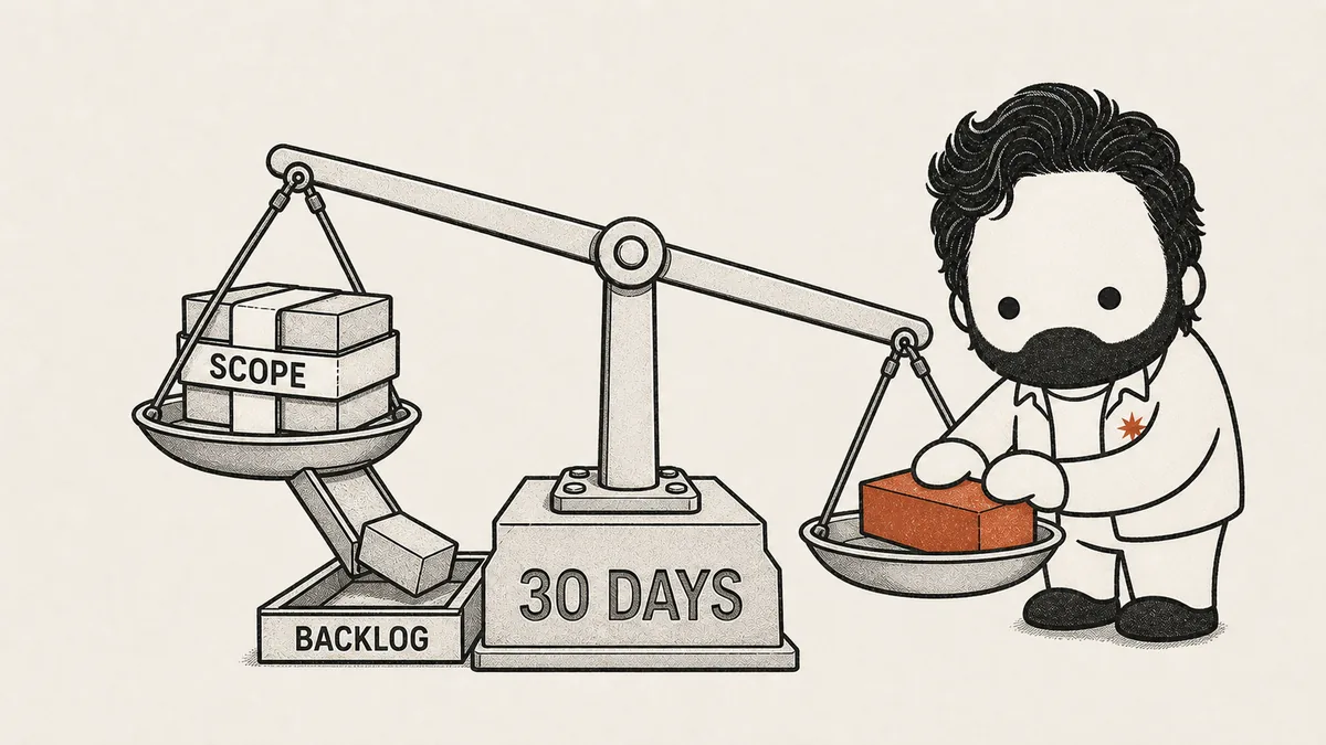 The mascot presses a new idea block down onto a two-pan trading beam stamped 30 days, and as it goes in an already-agreed block rolls out of a side chute into a drawer marked backlog — new work only enters a fixed scope by trading something out.