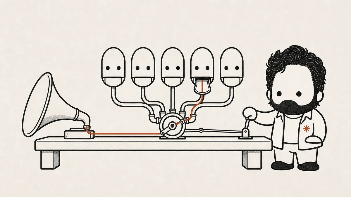 A phonograph horn sends a single ribbon of sound across a workbench to five identical blank face plaques; four hold their jaw flaps shut and one hangs open, and the mascot presses a guide lever that routes the ribbon into that one open jaw — the pipeline's real problem of deciding which visible face a voice belongs to.