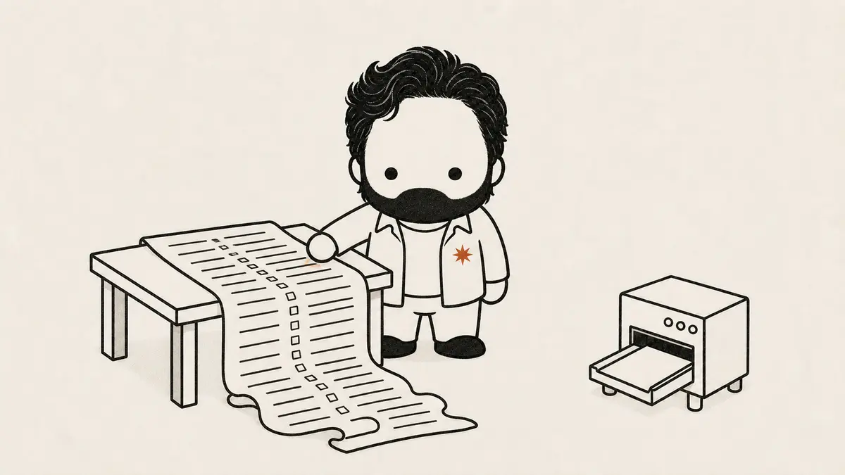 A stubby cartoon man presses a hand on one line of a long spec scroll cascading off a drafting table, leaving a small clay correction mark, while a boxy terminal-machine waits with an open tray to receive the plan.