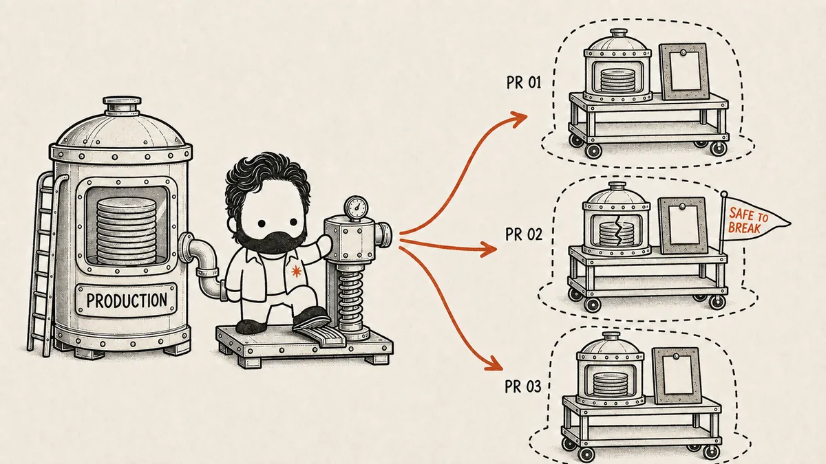 Hand-drawn diagram: the mascot stamps his foot on the pedal of a copy pump bolted to a large tank labelled PRODUCTION, and three clay arrows fan out to three separately ringed carts labelled PR 01, PR 02 and PR 03, each carrying an identical miniature tank of the same data plus a pinned preview page — one of them cracked and flagged SAFE TO BREAK while the production tank stays intact. It shows how one action gives every pull request its own isolated copy of real production data.