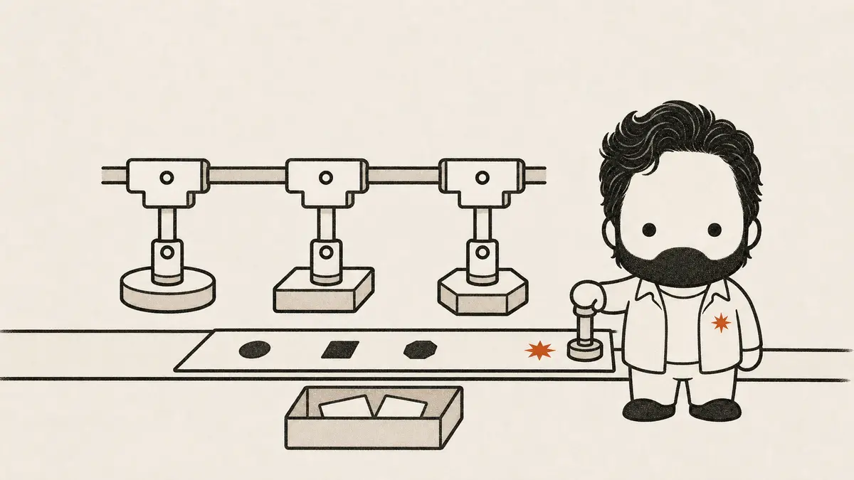 A paper sheet rides a short track through three hanging stamp machines, each leaving its mark, while the mascot presses the final hand-stamp at the end of the line; two rejected sheets lie in a bin below.