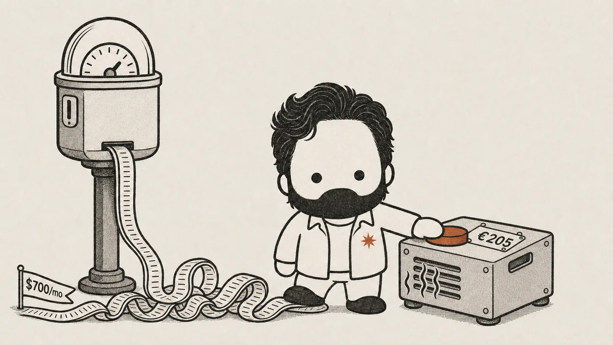 The mascot pins a rented meter's endlessly unspooling paper bill tape under one shoe while pressing the start button on a small server crate beside him, showing the moment a $700-a-month SaaS meter stopped and a €205 self-hosted stack took over the same work.