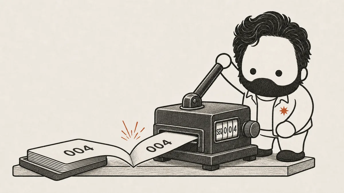 The mascot presses a numbering press's lever and the card it stamps jams head-on into an identical card already in the tray, because the counter beside his hand was never rewound — the sequence-reset trap that makes an imported database hand out an ID that already exists.