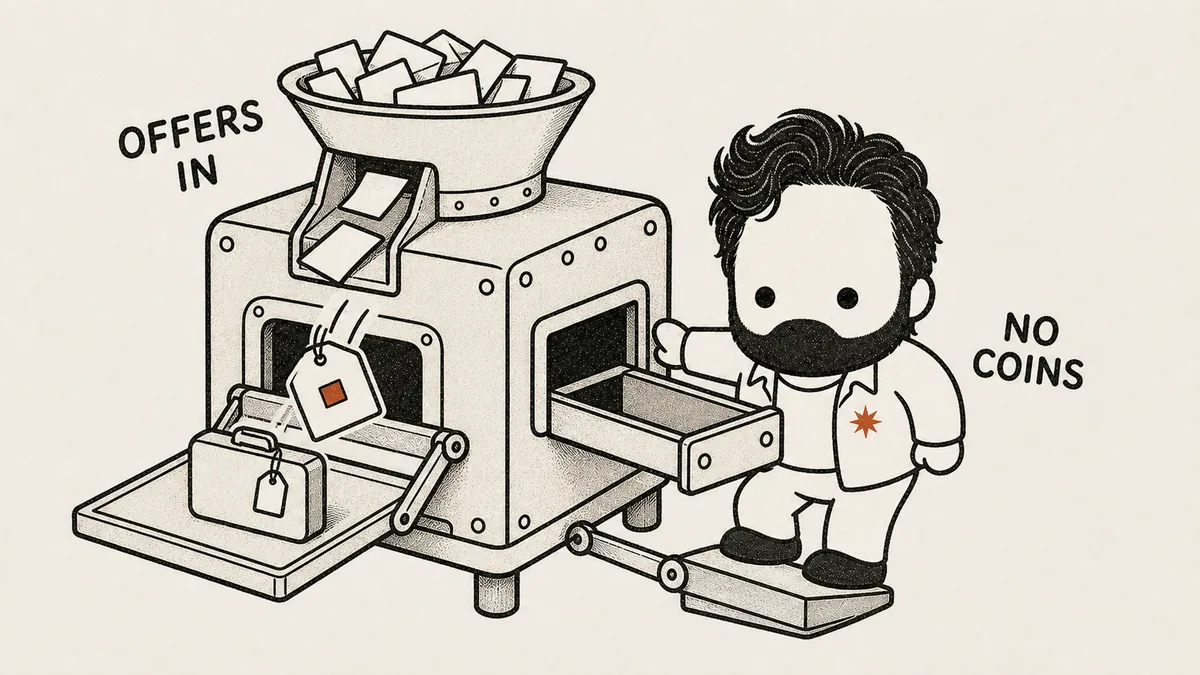 The mascot braces both feet on the foot pedal of a squat dispatch machine to keep it running, its coin drawer pulled out empty and bolted shut while a small house tag with a lit window drops onto the shelf beside a waiting suitcase — on this platform downtime does not cost revenue, it costs someone a place to sleep.