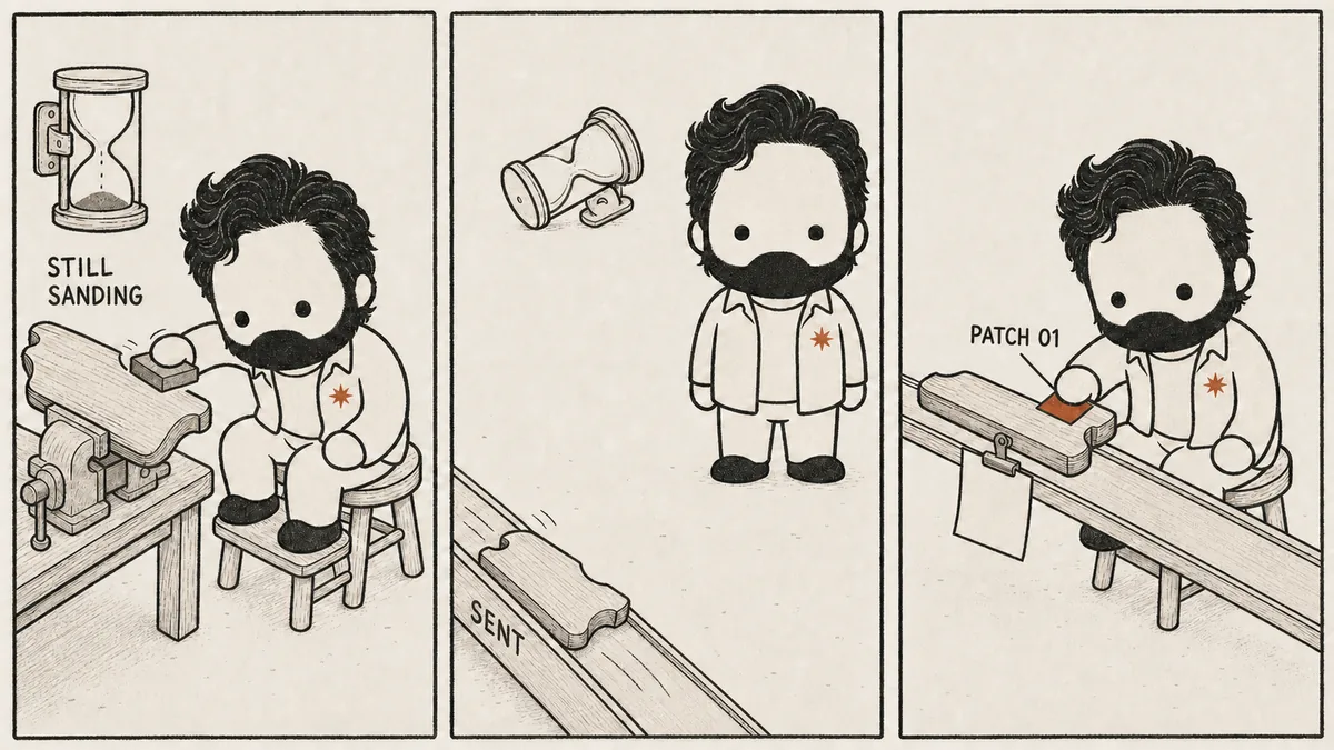Three panels of the same stubby cartoon man and the same lopsided wooden slab. He sands it on a stool under a wall timer labelled still sanding, then stands empty-handed while the slab slides away down a chute marked sent, then presses one small clay-red patch onto it when it comes back on the return rail with a note clipped to it — ship first, fix after.