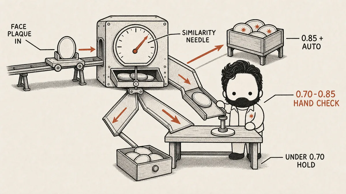 A hand-drawn rig in which a face plaque rides a rail into a dial gauge whose needle sets a three-way chute: above 0.85 the match drops into an auto-stamped bin, below 0.70 into a hold drawer, and the middle band lands on the mascot's desk where he stamps it by hand — showing why the three-tier confidence split, not one threshold, is what produces the accuracy.