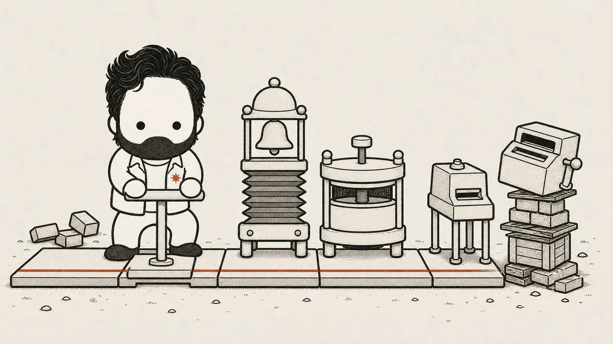 The mascot stands on a run of flat interlocking floor plates and presses a tamper straight down to seat a fresh plate into the seam; three completely different machines run on the same floor.