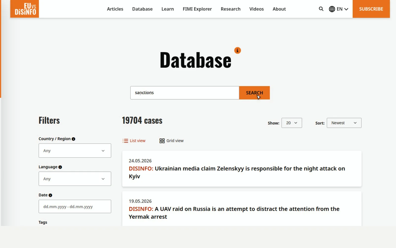 The EUvsDisinfo case database: a flagged disinformation case archived, hashed, and anchored to the Bitcoin blockchain as tamper-evident evidence.
