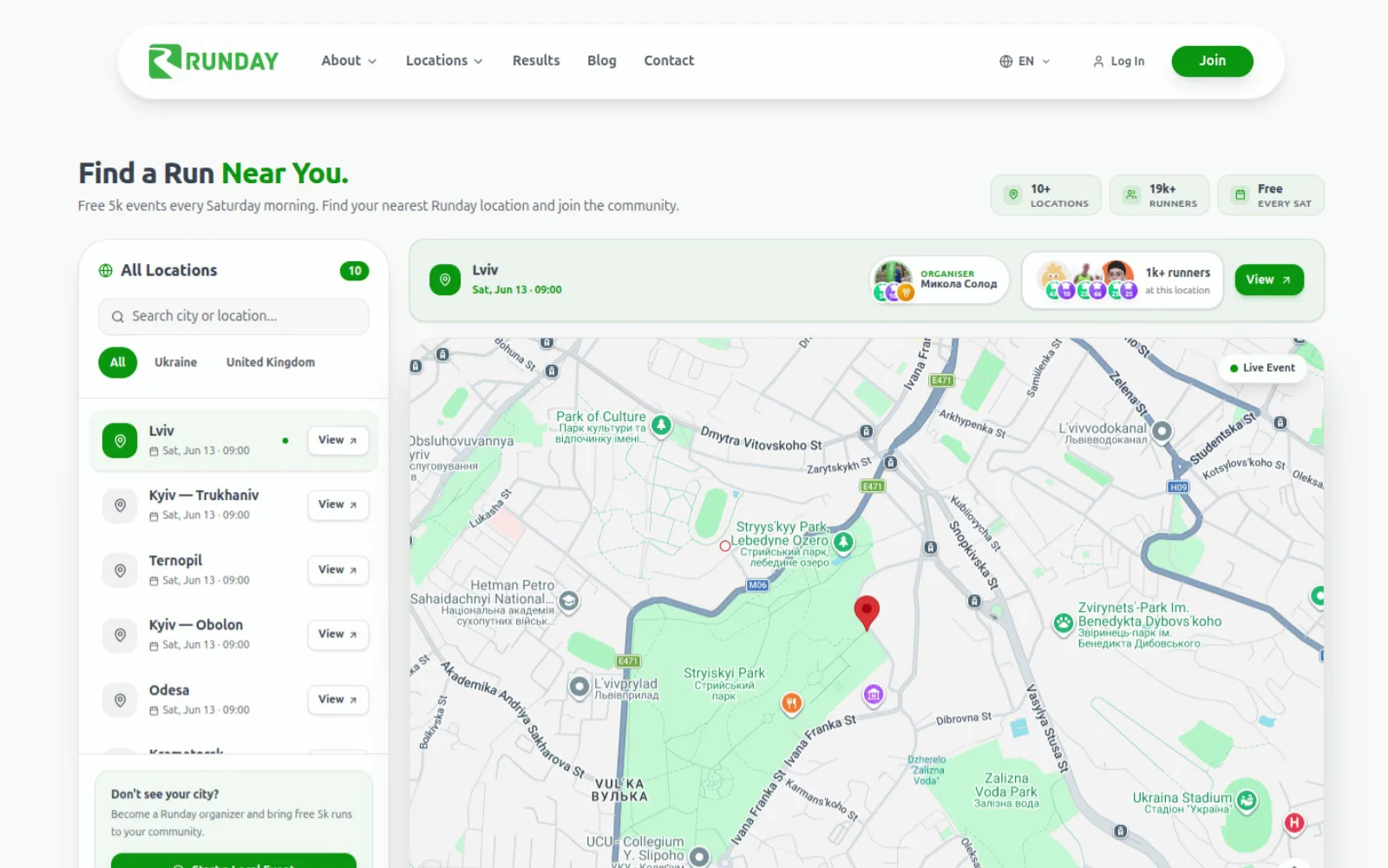The EveryRun events map filling with running-event pins, a runner joining an event, and the community counter climbing to 17,659.